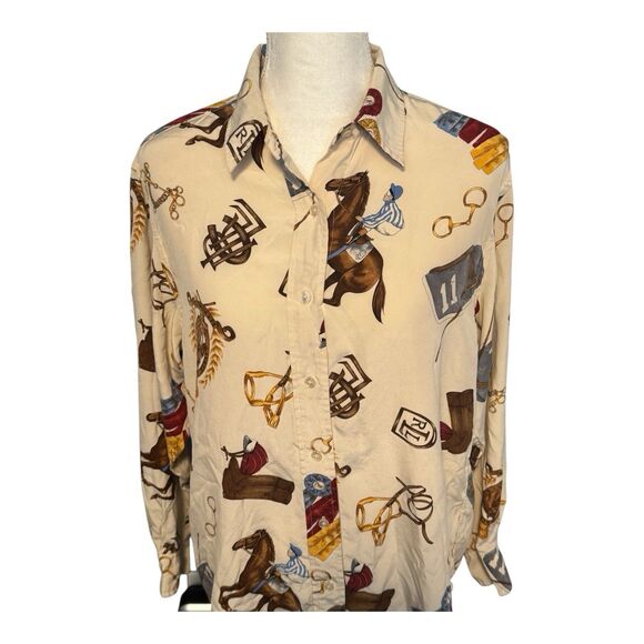 Lauren Ralph Lauren Size 10 Equestrian Horse Show Race 100% Silk Blouse Shirt - Picture 2 of 7